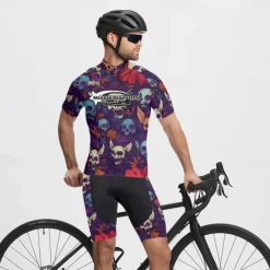 Men's Cycling Jersey Skull Short Sleeve Bike Tee Tshirt Jersey with 3 Rear Pockets Mountain Bike MTB Quick Dry Anatomic Design Wicking Breathable Sports Violet Dark Purple Red Clothing Apparel