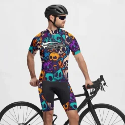 Men's Cycling Jersey Skull Short Sleeve Bike Tee Tshirt Jersey with 3 Rear Pockets Mountain Bike MTB Quick Dry Anatomic Design Wicking Breathable Sports Violet Dark Purple Red Clothing Apparel