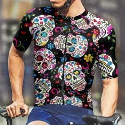 Men&#039;s Cycling Jersey Skull Short Sleeve Bike Tee Tshirt Jersey with 3 Rear Pockets Mountain Bike MTB Quick Dry Anatomic Design Wicking Breathable Sports Black Clothing Apparel