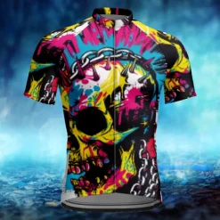 Men&#039;s Cycling Jersey Skull Short Sleeve Bike Tee Tshirt Jersey with 3 Rear Pockets Mountain Bike MTB Quick Dry Anatomic Design Wicking Breathable Sports Yellow Blue Purple Clothing Apparel