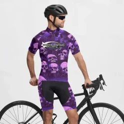 Men's Cycling Jersey Skull Short Sleeve Bike Tee Tshirt Jersey with 3 Rear Pockets Mountain Bike MTB Quick Dry Anatomic Design Wicking Breathable Sports Violet Black Dark Purple Clothing Apparel