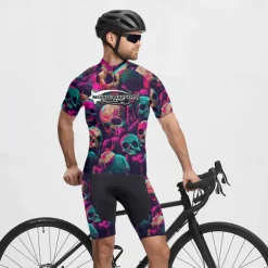 Men's Cycling Jersey Skull Short Sleeve Bike Tee Tshirt Jersey with 3 Rear Pockets Mountain Bike MTB Quick Dry Anatomic Design Wicking Breathable Sports Violet Black Dark Purple Clothing Apparel