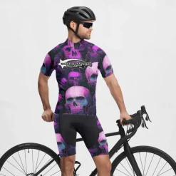 Men's Cycling Jersey Skull Short Sleeve Bike Tee Tshirt Jersey with 3 Rear Pockets Mountain Bike MTB Quick Dry Anatomic Design Wicking Breathable Sports Violet Black Dark Purple Clothing Apparel
