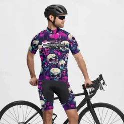Men's Cycling Jersey Skull Short Sleeve Bike Tee Tshirt Jersey with 3 Rear Pockets Mountain Bike MTB Quick Dry Anatomic Design Wicking Breathable Sports Violet Black Dark Purple Clothing Apparel