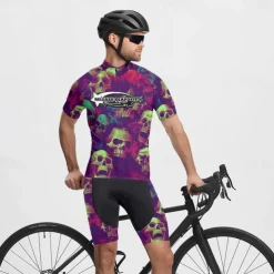Men's Cycling Jersey Skull Short Sleeve Bike Tee Tshirt Jersey with 3 Rear Pockets Mountain Bike MTB Quick Dry Anatomic Design Wicking Breathable Sports Violet Black Dark Purple Clothing Apparel
