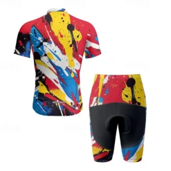 Men's Cycling Jersey with Shorts Graffiti Short Sleeve Bike Clothing Suit with 3 Rear Pockets Mountain Bike MTB Road Bike Cycling Front Zipper Sweat wicking Comfortable Breathable Sports Yellow Red