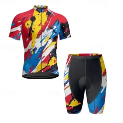 Men's Cycling Jersey with Shorts Graffiti Short Sleeve Bike Clothing Suit with 3 Rear Pockets Mountain Bike MTB Road Bike Cycling Front Zipper Sweat wicking Comfortable Breathable Sports Yellow Red