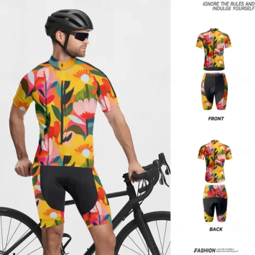 Men's Cycling Jersey with Shorts Floral Botanical Short Sleeve Bike Clothing Suit with 3 Rear Pockets Mountain Bike MTB Road Bike Cycling Front Zipper Sweat wicking Comfortable Breathable Sports