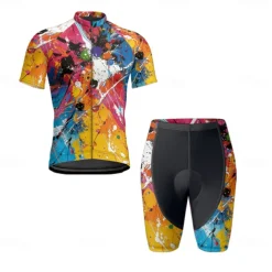 Men's Cycling Jersey with Shorts Graffiti Short Sleeve Bike Clothing Suit with 3 Rear Pockets Mountain Bike MTB Road Bike Cycling Front Zipper Sweat wicking Comfortable Breathable Sports Yellow Cream