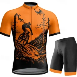 Men's Cycling Jersey with Bib Shorts Short Sleeve Mountain Bike MTB Road Bike Cycling Orange Green Bike Clothing Suit 3D Pad Quick Dry Reflective Strips Back Pocket Polyester Spandex Sports Funny