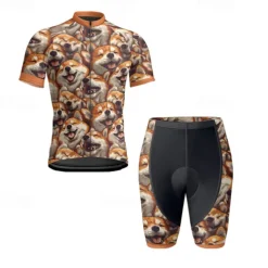 Men's Cycling Jersey with Shorts Dog Short Sleeve Bike Clothing Suit with 3 Rear Pockets Mountain Bike MTB Road Bike Cycling Front Zipper Sweat wicking Comfortable Breathable Sports Yellow Brown khaki
