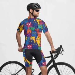 Men's Cycling Jersey with Shorts Cat Short Sleeve Bike Clothing Suit with 3 Rear Pockets Mountain Bike MTB Road Bike Cycling Front Zipper Sweat wicking Comfortable Breathable Sports Black Navy Blue