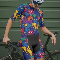 Men's Cycling Jersey with Shorts Cat Short Sleeve Bike Clothing Suit with 3 Rear Pockets Mountain Bike MTB Road Bike Cycling Front Zipper Sweat wicking Comfortable Breathable Sports Black Navy Blue