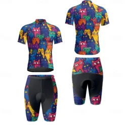 Men's Cycling Jersey with Shorts Cat Short Sleeve Bike Clothing Suit with 3 Rear Pockets Mountain Bike MTB Road Bike Cycling Front Zipper Sweat wicking Comfortable Breathable Sports Black Navy Blue