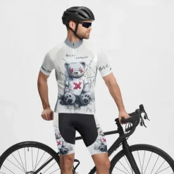 Men's Cycling Jersey with Shorts Cartoon Short Sleeve Bike Clothing Suit with 3 Rear Pockets Mountain Bike MTB Road Bike Cycling Front Zipper Sweat wicking Comfortable Breathable Sports White