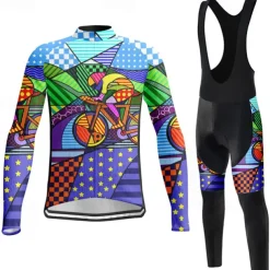 Men's Cycling Jersey with Bib Tights Long Sleeve Mountain Bike MTB Road Bike Cycling Winter Violet Pink Blue Graphic Bike Clothing Suit 3D Pad Breathable Quick Dry Back Pocket Polyester Spandex Sports