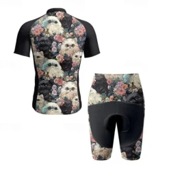 Men's Cycling Jersey with Shorts Cat Floral Botanical Short Sleeve Bike Clothing Suit with 3 Rear Pockets Mountain Bike MTB Road Bike Cycling Front Zipper Sweat wicking Comfortable Breathable Sports