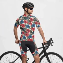 Men's Cycling Jersey with Shorts Floral Botanical Short Sleeve Bike Clothing Suit with 3 Rear Pockets Mountain Bike MTB Road Bike Cycling Front Zipper Sweat wicking Comfortable Breathable Sports
