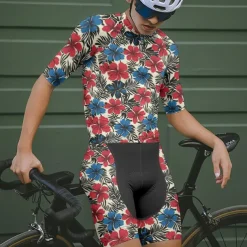 Men's Cycling Jersey with Shorts Floral Botanical Short Sleeve Bike Clothing Suit with 3 Rear Pockets Mountain Bike MTB Road Bike Cycling Front Zipper Sweat wicking Comfortable Breathable Sports