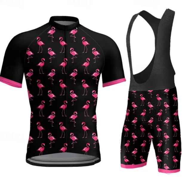 Men's Cycling Jersey with Bib Shorts Short Sleeve Mountain Bike MTB Road Bike Cycling Dark Grey Black White Graphic Flamingo Bike Clothing Suit 3D Pad Breathable Quick Dry Back Pocket Polyester