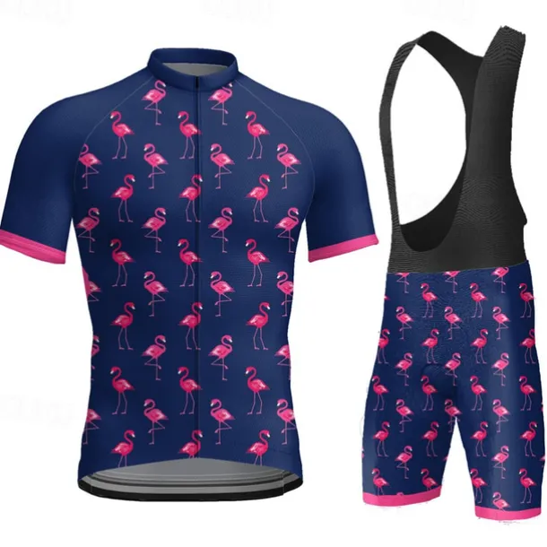 Men's Cycling Jersey with Bib Shorts Short Sleeve Mountain Bike MTB Road Bike Cycling Dark Grey Black White Graphic Flamingo Bike Clothing Suit 3D Pad Breathable Quick Dry Back Pocket Polyester