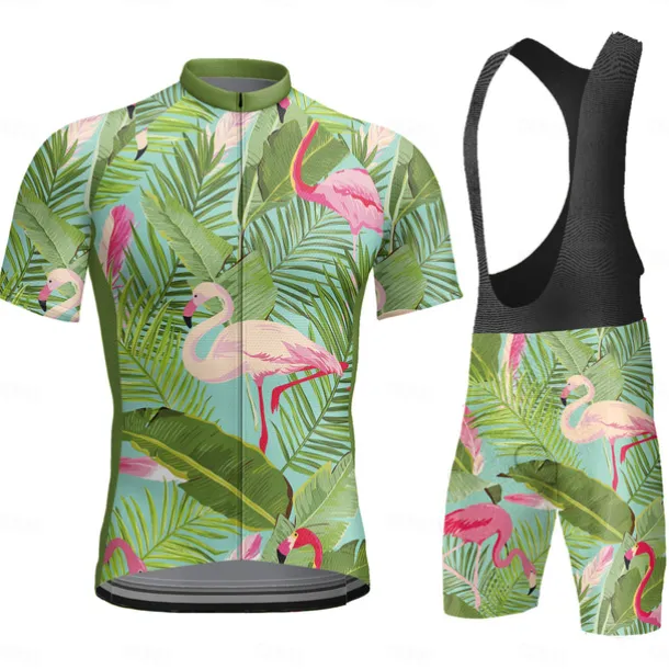 Men's Cycling Jersey with Bib Shorts Short Sleeve Mountain Bike MTB Road Bike Cycling Dark Grey Black White Graphic Flamingo Bike Clothing Suit 3D Pad Breathable Quick Dry Back Pocket Polyester