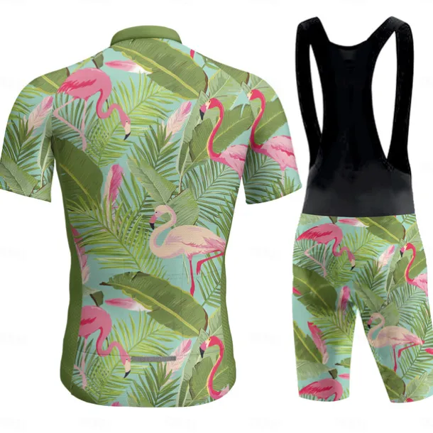 Men's Cycling Jersey with Bib Shorts Short Sleeve Mountain Bike MTB Road Bike Cycling Dark Grey Black White Graphic Flamingo Bike Clothing Suit 3D Pad Breathable Quick Dry Back Pocket Polyester