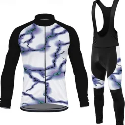 Men's Cycling Jersey with Bib Tights Lightning Long Sleeve Bike Bib Tights Top Clothing Suit with 3 Rear Pockets Mountain Bike MTB Road Bike Cycling Sweat wicking Comfortable Breathable Sports Red