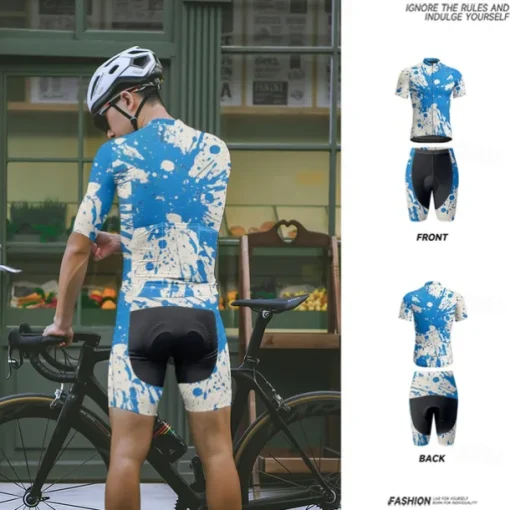Men's Cycling Jersey with Shorts Graffiti Short Sleeve Bike Clothing Suit with 3 Rear Pockets Mountain Bike MTB Road Bike Cycling Front Zipper Sweat wicking Comfortable Breathable Sports Yellow Blue