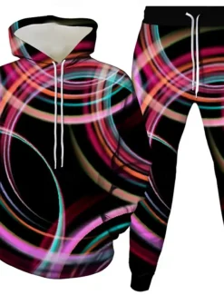 Men's 3D Geometic 2pcs 3D Sweatshirt Sets Tracksuit Hoodie Sweatshirt Long Sleeve Long pants Hooded Casual Daily Athleisure 3D Print Spring Fall Winter Robin's Egg Blue Pink Rainbow