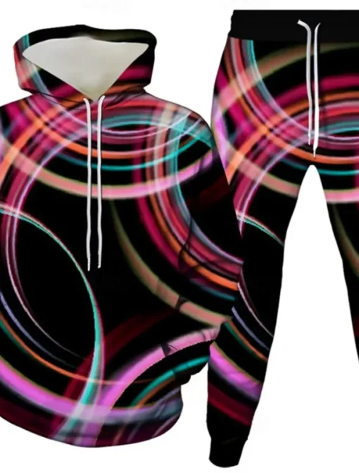 Men's 3D Geometic 2pcs 3D Sweatshirt Sets Tracksuit Hoodie Sweatshirt Long Sleeve Long pants Hooded Casual Daily Athleisure 3D Print Spring Fall Winter Robin's Egg Blue Pink Rainbow