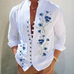 Men's Dark Shirt Aloha Shirt Long Sleeve Fashion Designer Casual Vacation Daily Going out Fall Autumn / Fall Spring & Summer Stand Collar Print Black Black / Red Army Green Red Navy Blue