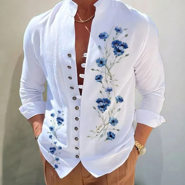 Men's Dark Shirt Aloha Shirt Long Sleeve Fashion Designer Casual Vacation Daily Going out Fall Autumn / Fall Spring & Summer Stand Collar Print Black Black / Red Army Green Red Navy Blue