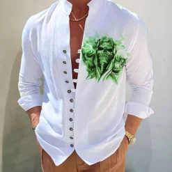 Men's Dark Shirt Aloha Shirt Long Sleeve Fashion Designer Casual Vacation Daily Going out Fall Autumn / Fall Spring & Summer Stand Collar Print Black Black / Red Army Green Red Navy Blue