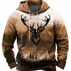 Men's Deer Hoodies Daily Casual Long Sleeve Hooded Vacation Hunting Streetwear Brown Dark Blue Print Front Pocket Spring & Fall Designer