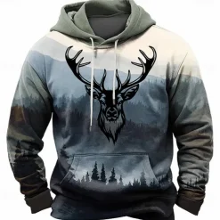 Men's Deer Hoodies Daily Casual Long Sleeve Hooded Vacation Hunting Streetwear Brown Dark Blue Print Front Pocket Spring & Fall Designer