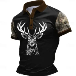 Men's Deer Polo Short Sleeve Polo Shirts Collared Shirts Casual School Outdoor Daily Wear Home Wear 3D Print Summer Spring Fall Dark Brown Black Brown