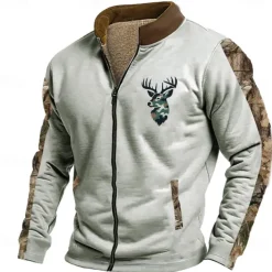 Men's Deer Sweatshirt Sweatshirt Zip Sweatshirt Long Sleeve Sweatshirt Stand Collar Zip Fashion Daily Simple Print Vacation Holiday Going out Pocket Front Zipper Winter