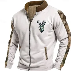 Men's Deer Sweatshirt Sweatshirt Zip Sweatshirt Long Sleeve Sweatshirt Stand Collar Zip Fashion Daily Simple Print Vacation Holiday Going out Pocket Front Zipper Winter