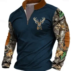 Men's Deer Sweatshirt Zip Sweatshirt Long Sleeve Sweatshirt Quarter Zip Daily Basic Print Sports Outdoor Travel Zip Up Spring & Fall