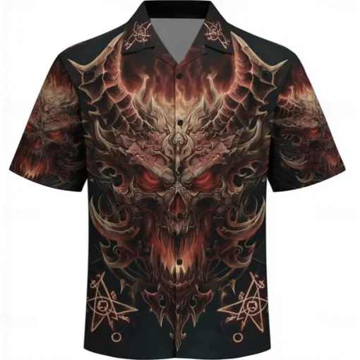 Men's Devil Flame Halloween Costumes Shirt Cuban Collar Shirt Button Up Shirt Short Sleeve Dark Punk Gothic Style Vacation Holiday Streetwear Summer Camp Collar Shirt 3D Print Black 1 Black Black 2