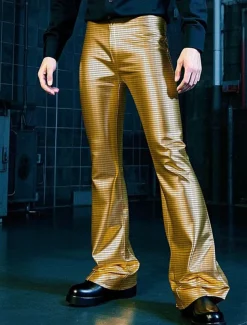 Men's Disco Pants Flared Pants Trousers Casual Pants Buttons Pocket Plain Comfort Party Stage Disco Lights Fashion Casual Gold Micro-elastic