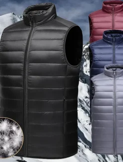 Men's Down Vest Puffer Vest Gilet Daily Date Vacation Fashion Casual Fall & Winter Pocket Nylon Duckdown Warm Comfortable Solid Color Zipper Stand Collar Regular Fit Black Burgundy Blue Gray Vest