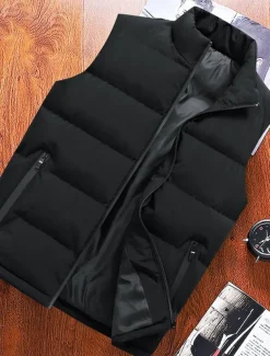 Men's Down Vest Puffer Vest Vest Gilet Daily Date Vacation Fashion Casual Fall & Winter Pocket Polyester Warm Comfortable Plain Zipper Standing Collar Regular Fit Black Red Blue Vest