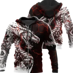 Men's Dragon Graphic Prints Hoodie Hoodies Sweatshirt Streetwear Designer Long Sleeve Hooded Sports & Outdoor Daily Sports Wine Red Red+Gray Zipper Print Spring & Fall Designer