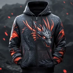 Men's Dragon Hoodies Fashion Cool Long Sleeve Hooded Vacation Going out Streetwear Black Drawstring Zipper Fall Winter Designer