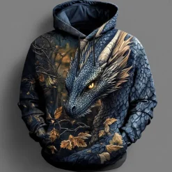 Men's Dragon Hoodies Sweatshirt Fashion Cool Long Sleeve Crew Neck Party Holiday Streetwear Black Blue Drawstring Fall Winter Designer