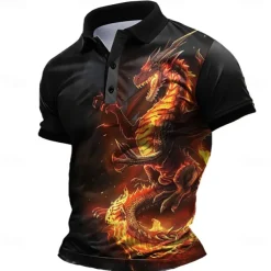 Men's Dragon Polo Shirts Golf Shirt Short Sleeve Polo Shirts Collared Shirts Funny Streetwear Vacation Wear Party Outfits Buttons 3D Print Summer Spring Black Purple Green