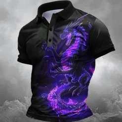Men's Dragon Polo Shirts Golf Shirt Short Sleeve Polo Shirts Collared Shirts Funny Streetwear Vacation Wear Party Outfits Buttons 3D Print Summer Spring Black Purple Green