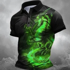 Men's Dragon Polo Shirts Golf Shirt Short Sleeve Polo Shirts Collared Shirts Funny Streetwear Vacation Wear Party Outfits Buttons 3D Print Summer Spring Black Purple Green